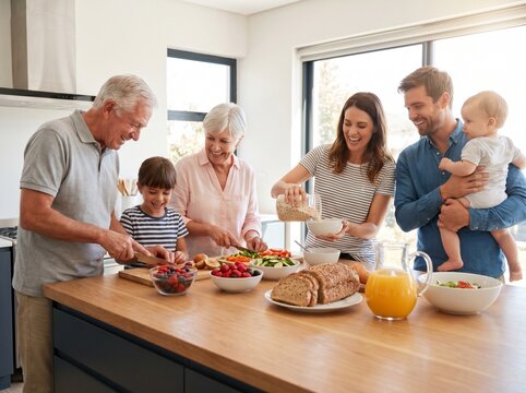 Three-Generation Family Cooking Breakfast Together in Bright Home Kitchen