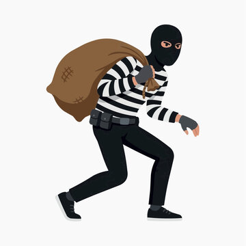 A Thief with a Stolen Sack: A suspicious character clad in a black mask and striped shirt, carrying a large sack over their shoulder, depicted in a furtive pose suggesting a recent crime.