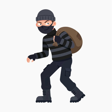 Sneaky Thief with Loot Bag: A cartoon illustration of a thief in a black beanie and striped shirt, mask, carrying a burlap sack of stolen goods, poised to make an escape.