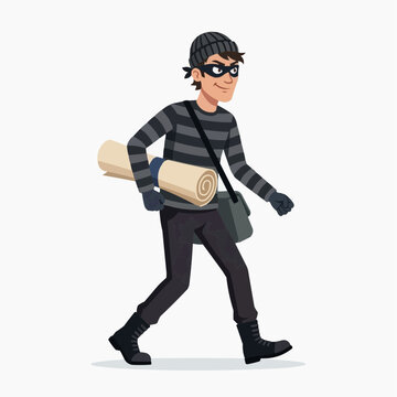 Thief with Loot: A sneaky thief, disguised in a striped shirt and beanie, walks with a confident smirk, carrying a rolled-up scroll and a satchel, suggesting a successful heist.
