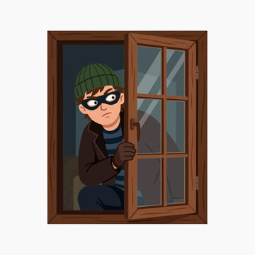 Sneaky Intruder: A mischievous burglar clad in a beanie and mask peers through an open window, his eyes darting suspiciously as he contemplates his next move.