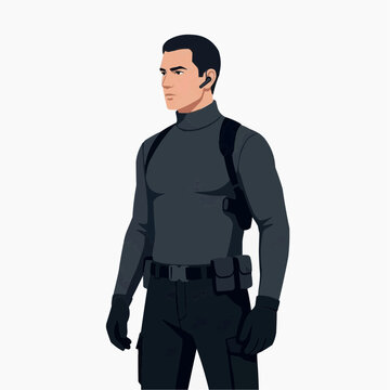 Secret Agent in Tactical Gear: A determined secret agent, clad in a sleek turtleneck, tactical vest, and gloves, stands ready for action. His focused gaze and earpiece suggest a mission in progress.