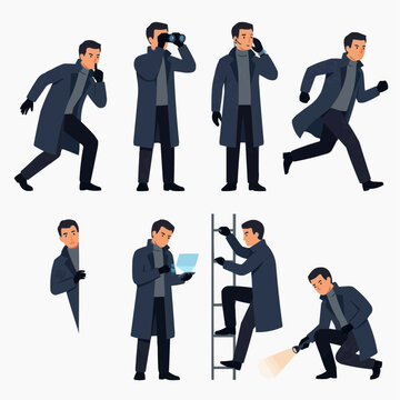 Spy Agent Collection: A compilation of distinct illustrations depicting a male spy character engaged in various covert activities, including surveillance, communication, pursuit, and investigation.