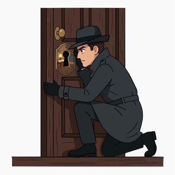 Secret Agent Peeking Through Keyhole: A stealthy secret agent in a trench coat and fedora crouches to peer through a keyhole, engaged in espionage and uncovering hidden secrets.