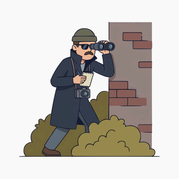 Secret Agent Surveillance: A mysterious figure in a trench coat and fedora observes discreetly through binoculars, notebook and camera in hand, hidden behind a wall and bushes.