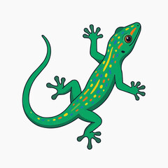 Fototapeta premium Green Gecko Illustration: A vibrant green gecko with colorful spots and a long tail is depicted in a detailed illustration, showcasing its unique features.