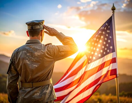 Patriotic Military Soldier Saluting American Flag at Sunset Landscape