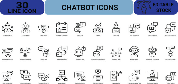 Chatbot line icon set including chat interface android bot gear script support calendar chat bot fq bot faq bot analytics bubbles and conversation.