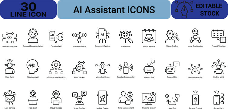 Collection of ai assistant line icons featuring code architecture support representative flow analyst solution choice document system and code scan.