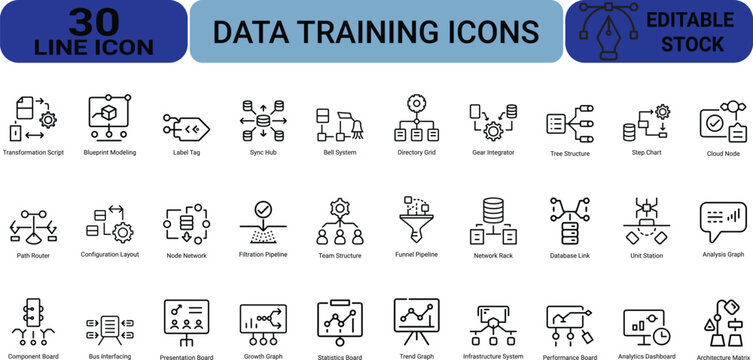 Data training line icons set containing transformation script blueprint modeling label tag sync hub bell system directory grid and gear integrator.