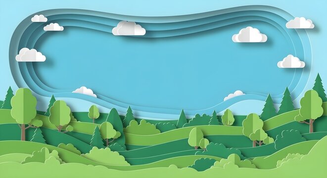 Papercut style afforestation awareness horizontal banner with lush green trees and sky