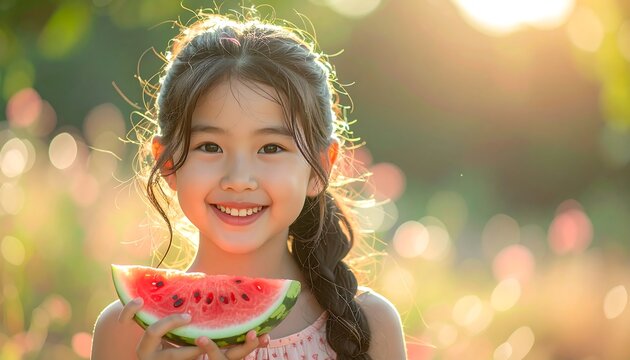 Smiling Young Girl Holding Watermelon Slice in Sunlit Garden