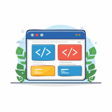 Web Development Interface with Code Symbols and UI Elements