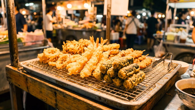Traditional Korean street food deep fried shrimp and seaweed rolls twinkim at night market