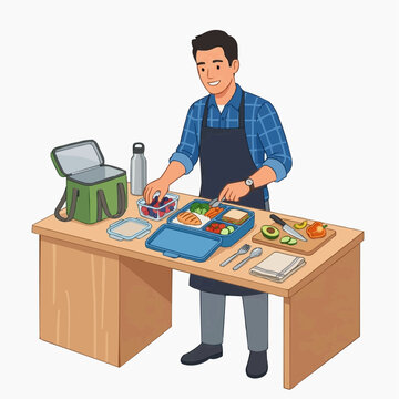 Preparing a Healthy Lunchbox: A man in an apron happily prepares a nutritious and balanced lunchbox filled with fresh food and a sandwich for a wholesome meal on the go.