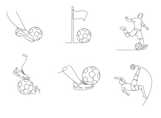 One Line Drawing Set of Soccer Players in Action and Football Elements © alpha