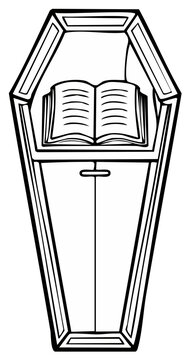 Elegant open coffin with an antique book inside symbolizes mortality and legacy