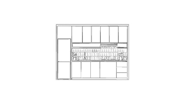 Kitchen interior blueprint drawing animation