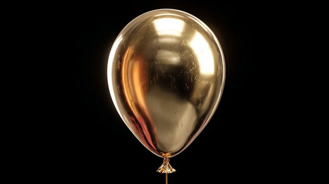 Single luxurious golden balloon with metallic reflections, premium celebration concept, elegant minimal composition, soft cinematic lighting, floating object isolated on solid black background