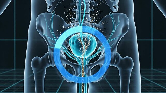 4K Urology and Reproductive System Visualization With Transparent Bladder and Anatomical Structures in a Dark Grid Background