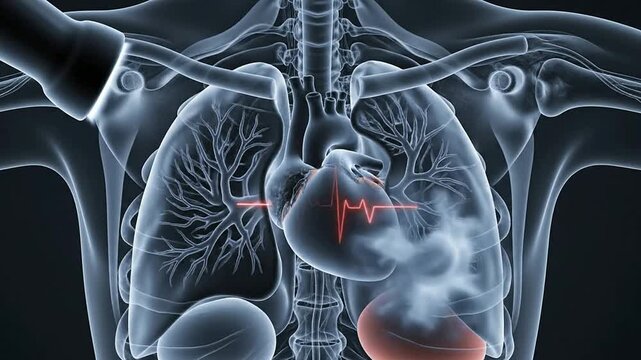 4K Visual Representation of Heart Failure Emergency Scan with Transparent Chest Displaying Lungs and Cardiac Functionality