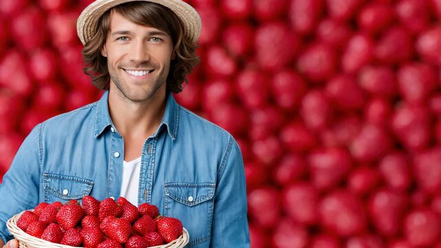 Static portrait close up of man holding basket of strawberries in front of blurred strawberry backdrop at market stall studio setting