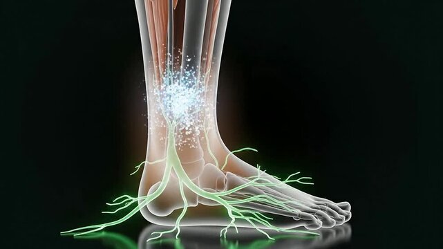 4K Visualization of Edema Formation in the Lower Leg with Fluid Accumulation and Glowing Vascular Structure for Medical and Health Concepts