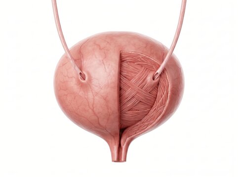 Human Urinary Bladder Anatomy 3D Illustration Showing Cross Section of Detrusor Muscle Layers and Ureters for Medical Education and Urology Science