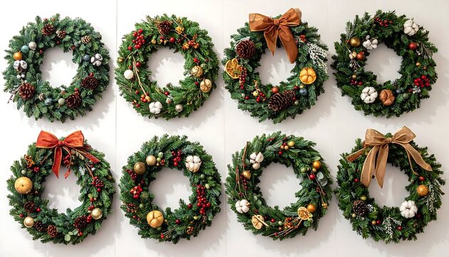Festive Green Christmas Wreath Collection Arranged on White Background