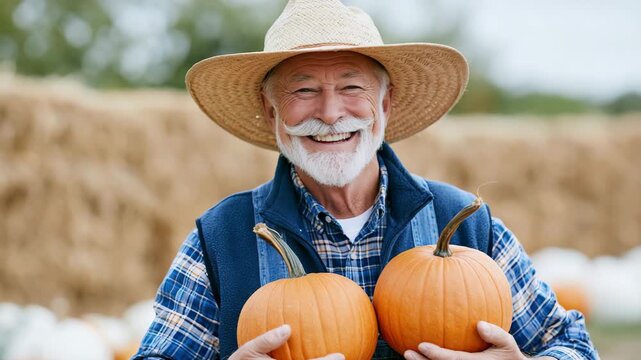 Panning shot of elderly farmer holding two pumpkins at pumpkin patch on rural farm in autumn daylight