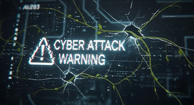 Cyber attack warning sign on screen.