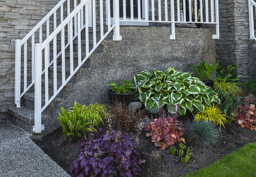 Entrance of a nice residential family house with green front yard. Walkout deck with patio area.