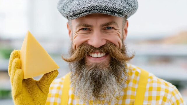 Tracking shot of bearded man presenting triangular cheese wedge in grocery store aisle with smile