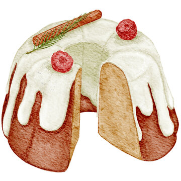 Handdrawn Christmas Bundt Cake Realistic Watercolor Illustration | Bakery Cafe Food Snack Dessert Menu Element Clipart PNG