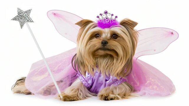 Static portrait close pan of yorkshire terrier dressed as fairy posing lying on white studio background with pink purple wings and tiara
