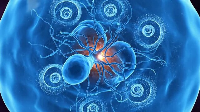 Abstract Cellular Development Concept with Vibrant Blue Cells and Cosmic Background Perfect for Scientific and Educational Visuals