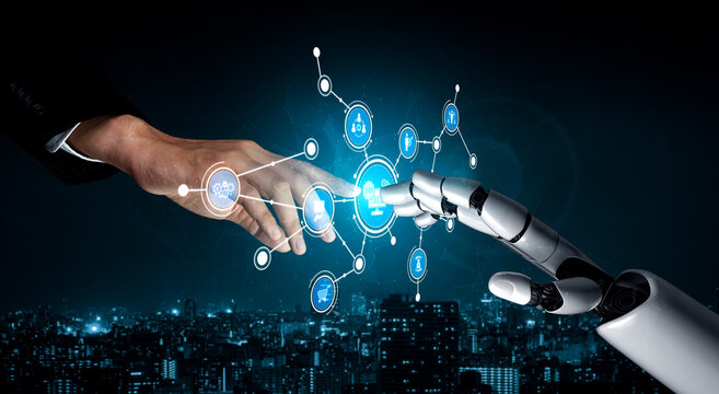 A captivating image showcasing the connection between human and robot hands amid a vibrant city landscape, emphasizing the fusion of technology and humanity in the modern era. Tessel