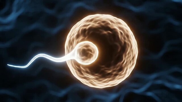 Abstract Fertilization Concept Visualization With Glowing Ovum And Approaching Sperm Against Dynamic Background Video