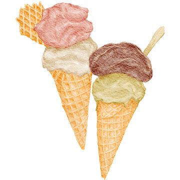 Handdrawn Summer Treat Ice Cream Gelato in Cones Realistic Watercolor Illustration | Bakery Cafe Food Snack Dessert Menu Element Clipart PNG