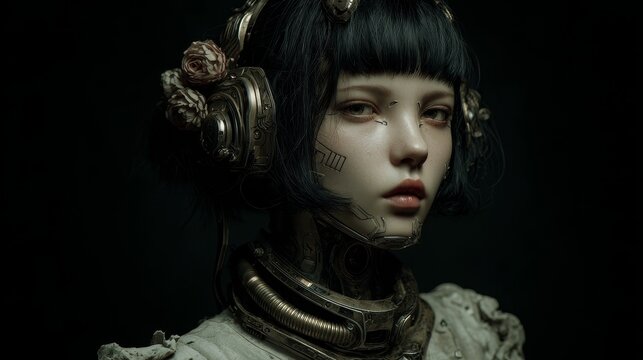 Ethereal young woman with black bobcut, glowing void eyes, biomechanical face markings, ritual tattoos, pale porcelain skin, headdress, mechanical neck, gothic surreal post-apocalyptic style
