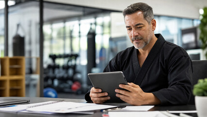 Fototapeta premium Martial arts instructor using tablet at gym office desk