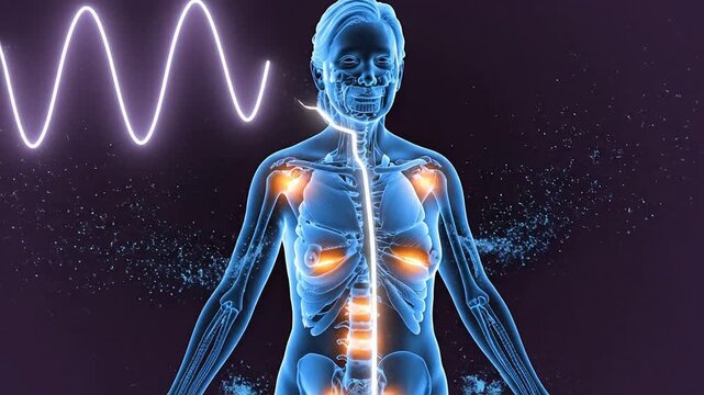 Abstract Visualization of Human Body Scan Highlighting Frailty Risk with Glowing Energy Points Against a Dark Background for Healthcare and Biotechnology