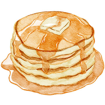 Handdrawn Breakfast Stack of Pancakes with Butter Honey Syruo Realistic Watercolor Illustration | Bakery Cafe Food Snack Dessert Menu Element Clipart PNG