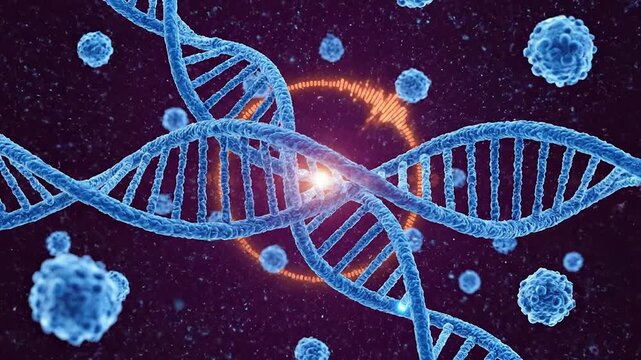 Abstract Visualization of Prenatal Genetic Screening with DNA Strands and Viruses in a Futuristic Medical Technology Background