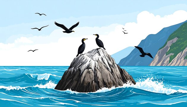 Black Seabirds Resting on Rocky Islet in Blue Coastal Waters