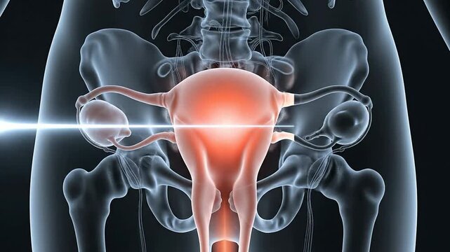 Adenomyosis Concept Illustration: Transparent Pelvis with Highlighted Uterus in Medical and Health Visualization