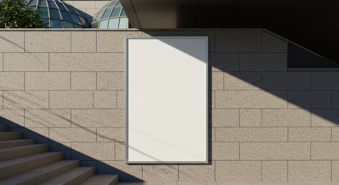Blank Vertical Billboard Mockup on Modern Stone Wall with Sunlight