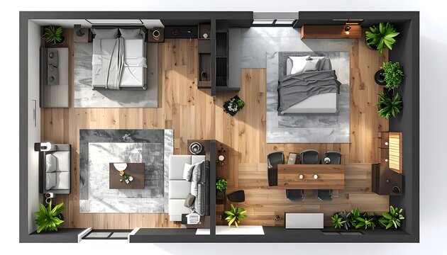 A 3D rendering of a room's floor plan with furniture and plants