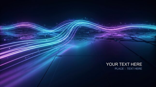 Futuristic digital landscape with flowing neon light waves and dark textured platform for copy space