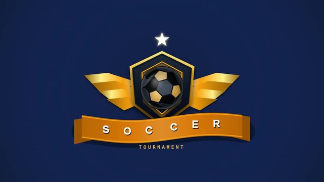 Premium flat design animated soccer club logo badge featuring a spinning gold football, elegant shield framework, stars, and United FC ribbon banner. Perfect for sports branding.